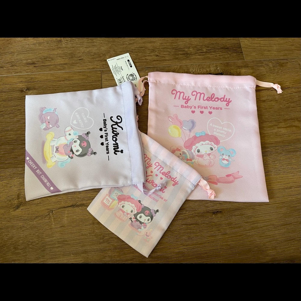 KUROMI & MY MELODY-NWT 3 Drawstring Bag Set